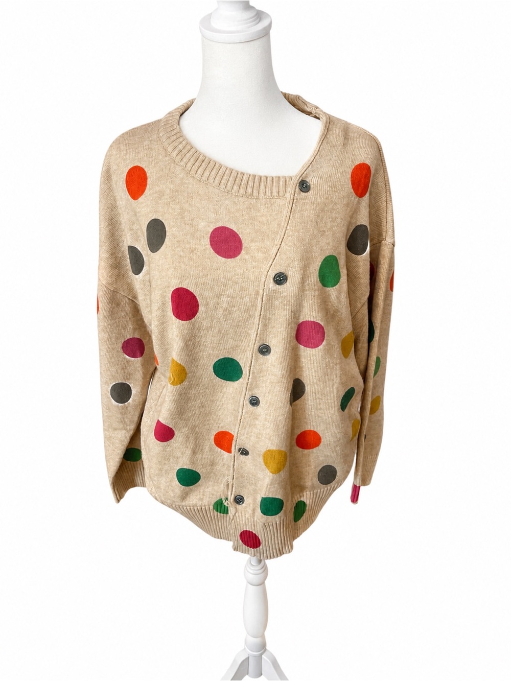 MISSLOOK Beige Polka Dot Button-Up Cardigan with Multicolor Dots